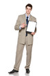 Serious businessman holding blank whiteboard, pointing at it