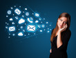 Young lady making phone call with message icons