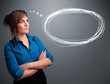 Young lady thinking about speech or thought bubble with copy spa