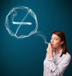 Photo: Young lady smoking unhealthy cigarette with no smoking sign Young lady smoking unhealthy cigarette with no smoking sign