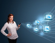 Photo: Pretty lady typing on smartphone with cloud computing Pretty lady typing on smartphone with cloud computing