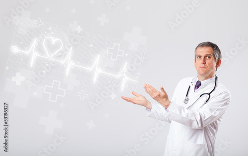 Photo: Doctor examinates heartbeat with abstract heart Doctor examinates heartbeat with abstract heart