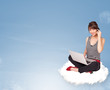 Young woman sitting on cloud with copy space