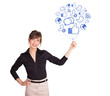 Happy lady holding social icon balloon