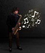 Handsome musician playing on saxophone with musical notes