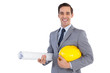 Photo: Happy architect holding plans and hard hat Happy architect holding plans and hard hat