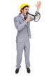Architect with hard hat shouting with a megaphone