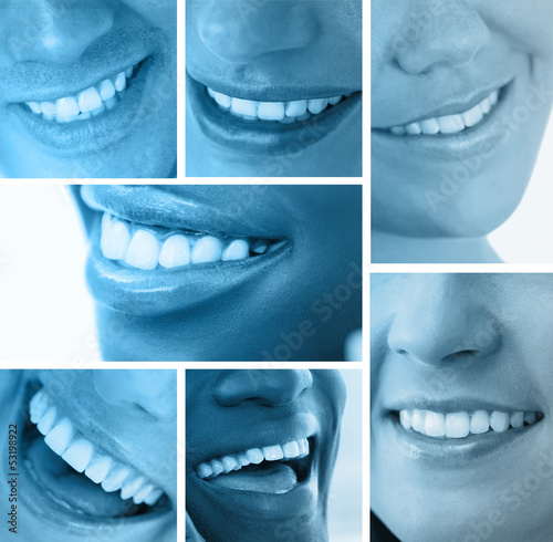 Photo: Collage of white smiles in blue tint Collage of white smiles in blue tint