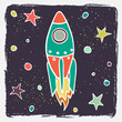 Hand drawn cartoon rocket and stars.