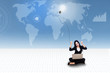 Happy businesswoman with laptop and light bulb on blue world map
