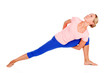 woman doing fitness exercise, white background, copyspace