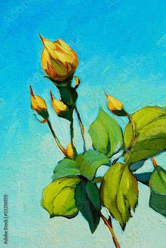 Photo: branch of yellow rose, painting by oil on canvas, illustration branch of yellow rose, painting by oil on canvas, illustration