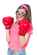 Young lady with boxing gloves on white