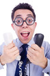 Crazy man with phone on white