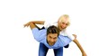 Son having a piggy back on his father on white background