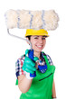 Photo: Woman painter with paintbrush on white Woman painter with paintbrush on white