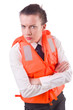 Young woman with life vest on white