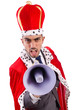 King businessman with loudspeaker isolated on white