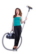 Young woman with vacuum cleaner on white
