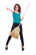 Young woman with broom isolated on white