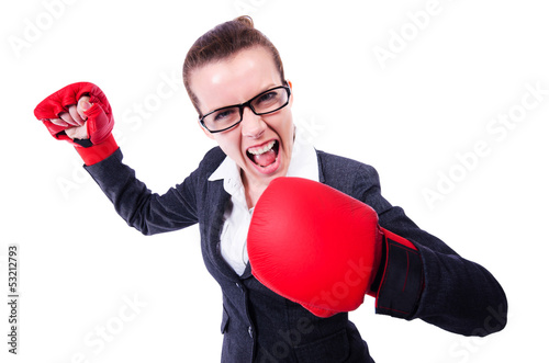 Photo: Woman with boxing gloves on white Woman with boxing gloves on white