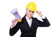 Photo: Female construction worker with loudspeaker Female construction worker with loudspeaker