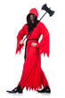 Foto: Executioner in red costume with axe on white Executioner in red costume with axe on white
