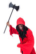 Foto: Executioner in red costume with axe on white Executioner in red costume with axe on white