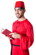 Young turk with book on white