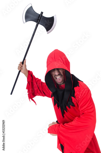 Photo: Executioner in red costume with axe on white Executioner in red costume with axe on white