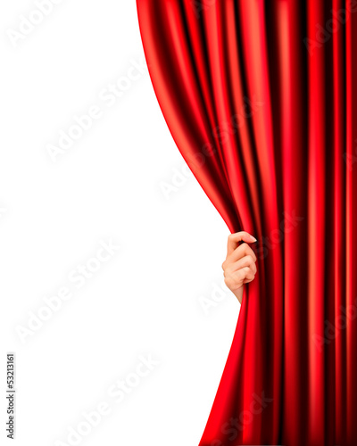 Vector: Background with red velvet curtain and hand. Vector illustration Background with red velvet curtain and hand. Vector illustration