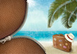 Vector: Vintage beautiful seaside background with suitcase and a hat. Ve Vintage beautiful seaside background with suitcase and a hat. Ve