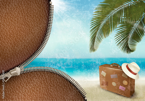 Vector: Vintage beautiful seaside background with suitcase and a hat. Ve Vintage beautiful seaside background with suitcase and a hat. Ve