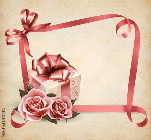 Vector: Holiday background with pink roses and gift box and ribbon. Vect Holiday background with pink roses and gift box and ribbon. Vect