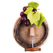grapes on a wooden vintage barrel with corkscrew