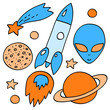 Blue and orange space elements collection on white, vector