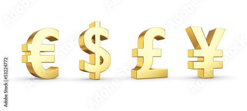Illustration: Golden currency symbols isolated on white with clipping path Golden currency symbols isolated on white with clipping path