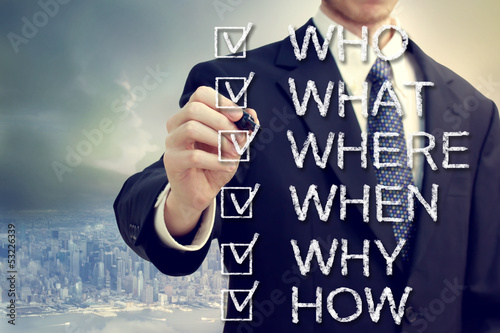 Photo: Businessman with who what where when why and how Businessman with who what where when why and how