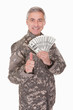 Happy Mature Soldier Holding 100 Dollar Bills