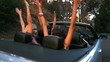Friends raising their hands in the air while man is driving