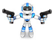 3D Blue Robot Mascot holding a Automatic pistol with both hands.