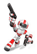 3D Red Robot Mascot holding a Automatic pistol with both hands.