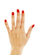 Human hand with red nails on white background