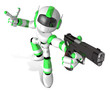 3D Green Mascot robot is holding a Automatic pistol pose. Create