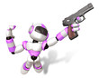 3D Purple robot jumping holding an automatic pistol. Create 3D H
