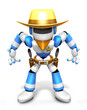3D blue Robot Sheriff is taking pose a gunfight. Create 3D Human