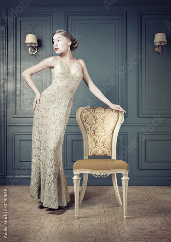 Photo: Beautiful woman retro portrait in vintage interior Beautiful woman retro portrait in vintage interior