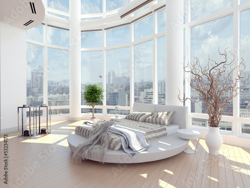 Illustration: modern design bedroom with cityscape view modern design bedroom with cityscape view