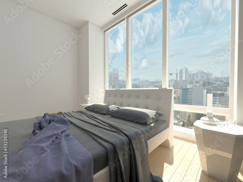 Illustration: modern design bedroom with cityscape view modern design bedroom with cityscape view
