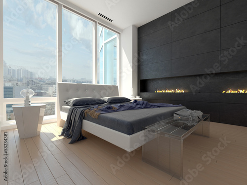 Illustration: modern design bedroom with cityscape view modern design bedroom with cityscape view